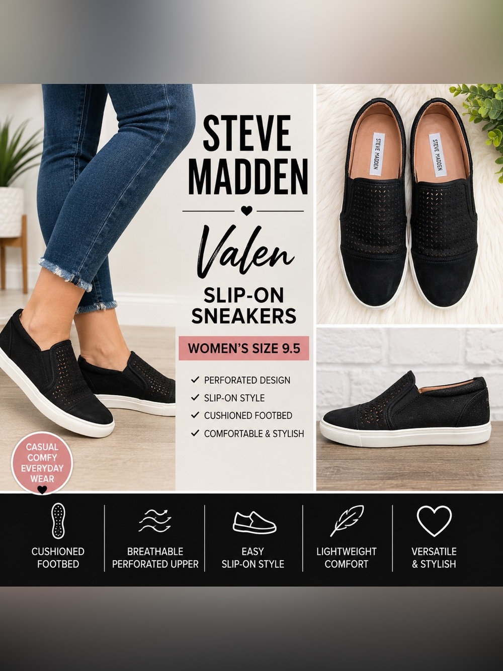Steve Madden Valen Black Perforated Slip-On Sneakers Women’s Size 9.5 Casual